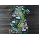 Green Lotus flower Print O-neck Women Long Dress Vintage Chinese style Loose Casual Summer Dress Plus size Cute Robe Femme A082