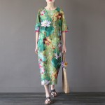 Green Lotus flower Print O-neck Women Long Dress Vintage Chinese style Loose Casual Summer Dress Plus size Cute Robe Femme A082