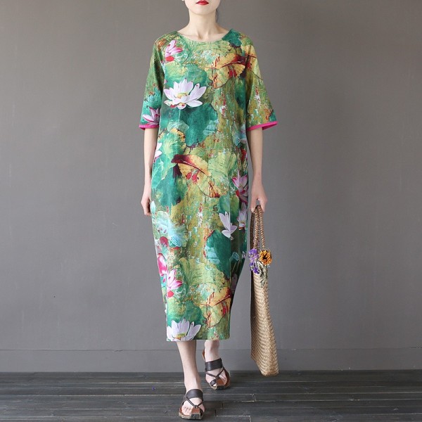 Green Lotus flower Print O-neck Women Long Dress Vintage Chinese style Loose Casual Summer Dress Plus size Cute Robe Femme A082