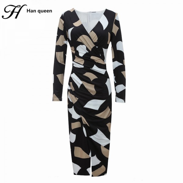 H Han Queen Korean Autumn Retro Print Sexy Dress Women Business V-neck Office Work Tunic Bodycon Sheath Casual Pencil Dresses