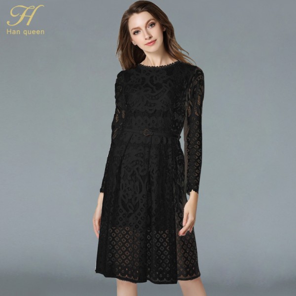 H Han Queen Sale Slim Sexy Hollow out Party Dresses Vintage Robe Spring Summer Fashion Vestidos Long Sleeved Women Lace Dress