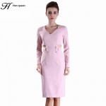 H Han Queen vintage Spring Fashion Sexy Formal Bodycon Dress Long Sleeve V-Neck Pencil Dresses Office Wear Women Work Clothes