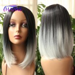 HANNE Black To Light Grey Ombre Color Skin Top Short Haircut Straight Heat Resistant Synthetic Women Cosplay Or Party Bob Wigs