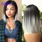 HANNE Black To Light Grey Ombre Color Skin Top Short Haircut Straight Heat Resistant Synthetic Women Cosplay Or Party Bob Wigs