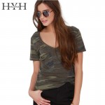 HAOYIHUI New Summer Fashion Women T-shirts Slim Short Sleeves Camo Printed Tee Loose Army Green V Neck Camber Bottom Vogue Tops