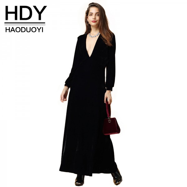 HDY Haoduoyi 2016 Autumn Fashion Women Black Velvet Long Sleeved Maxi Dress Vestidos Plunge Neck Party Dress 