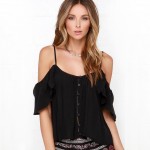 HDY Haoduoyi 2016 Summer Fashion Women Off Shoulder Chiffon T-shirts Ruffles Back Split Spaghetti Strap Single Breasted T-shirt