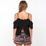 HDY Haoduoyi 2016 Summer Fashion Women Off Shoulder Chiffon T-shirts Ruffles Back Split Spaghetti Strap Single Breasted T-shirt