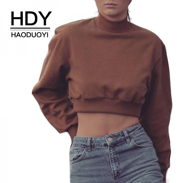 HDY Haoduoyi 2017 Autumn Fashion Women Long Sleeve Loose Straight Sweatshirt Casual Slim Brown High Neck Crop Top Sweatshirt