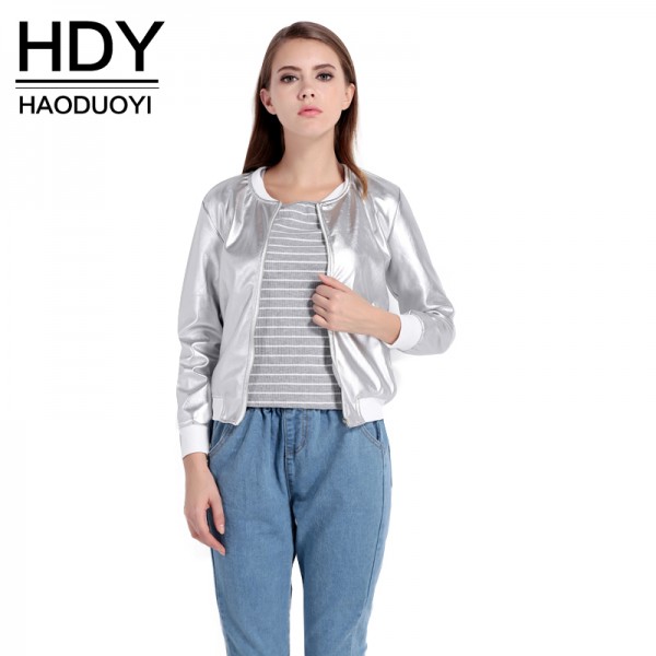 HDY Haoduoyi 2017 Autumn Fashion Women O-Neck Long Sleeve Basic Outwear Coat Casual Zipper Fly Slim Bomber Jacket