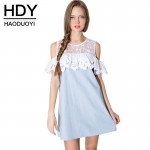 HDY Haoduoyi 2017 Fashion Women Ruffles Lace Insert Contrast Shift Dress Cold Shoulder A-line Mini Dress Female Vestidos