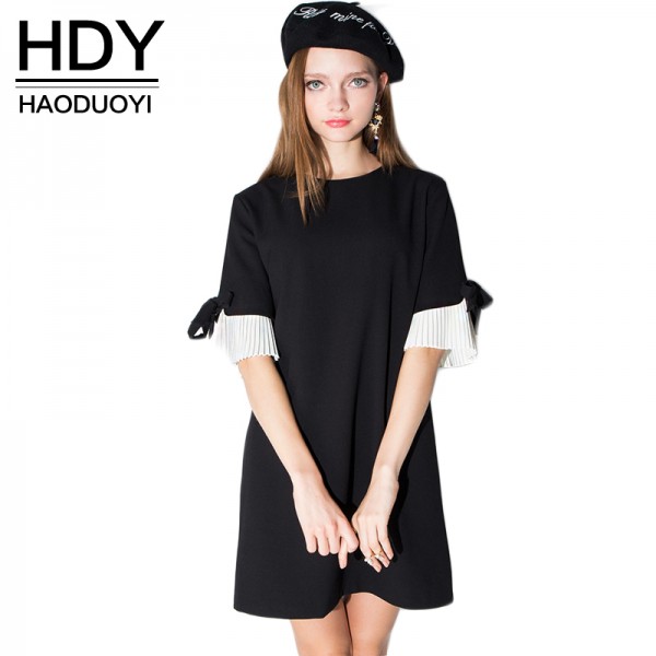 HDY Haoduoyi 2017 Summer New Arrival Women Bow Sleeve Casual Elegant Vestidos Summer Ladies Black Dress