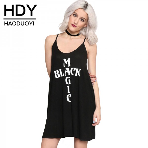 HDY Haoduoyi 2017 Women Casual Loose Sundress New Fashion Letter Print Spaghetti Strap Sleeveless Summer  Dress