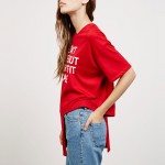 HDY Haoduoyi Asymmetrical Basic Tops Women Short Sleeve Female Letter Print Pullover Tops Street Loose O-neck Red Casual T-shirt