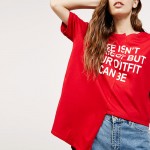 HDY Haoduoyi Asymmetrical Basic Tops Women Short Sleeve Female Letter Print Pullover Tops Street Loose O-neck Red Casual T-shirt