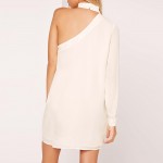 HDY Haoduoyi Asymmetrical Slim Dresses Side One Shoulder Solid White Chiffon Dress Long Sleeve Choker Neck Mini Dresses