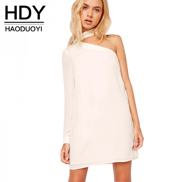 HDY Haoduoyi Asymmetrical Slim Dresses Side One Shoulder Solid White Chiffon Dress Long Sleeve Choker Neck Mini Dresses