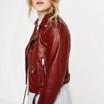 HDY Haoduoyi Dark Red PU Short Biker Jacket Metal Zipper Bomber Jacket Waist Tie Long Sleeve Spencer Short Jacket