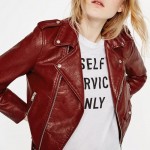 HDY Haoduoyi Dark Red PU Short Biker Jacket Metal Zipper Bomber Jacket Waist Tie Long Sleeve Spencer Short Jacket