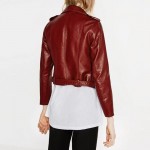 HDY Haoduoyi Dark Red PU Short Biker Jacket Metal Zipper Bomber Jacket Waist Tie Long Sleeve Spencer Short Jacket