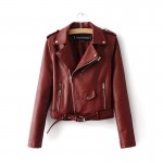 HDY Haoduoyi Dark Red PU Short Biker Jacket Metal Zipper Bomber Jacket Waist Tie Long Sleeve Spencer Short Jacket