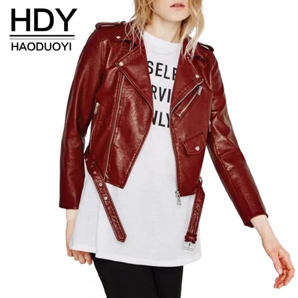 HDY Haoduoyi Dark Red PU Short Biker Jacket Metal Zipper Bomber Jacket Waist Tie Long Sleeve Spencer Short Jacket