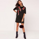 HDY Haoduoyi Fashion Black Women Mini Dress Half Sleeve Crew Neck High Waist Straight Dress Women Embroidery Loose Casual Dress