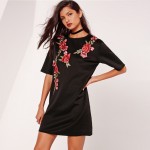 HDY Haoduoyi Fashion Black Women Mini Dress Half Sleeve Crew Neck High Waist Straight Dress Women Embroidery Loose Casual Dress