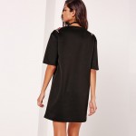 HDY Haoduoyi Fashion Black Women Mini Dress Half Sleeve Crew Neck High Waist Straight Dress Women Embroidery Loose Casual Dress