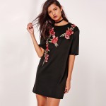 HDY Haoduoyi Fashion Black Women Mini Dress Half Sleeve Crew Neck High Waist Straight Dress Women Embroidery Loose Casual Dress