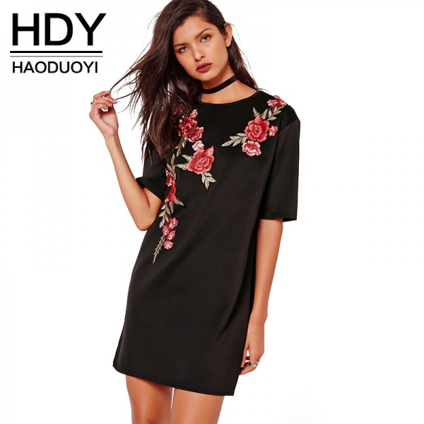 HDY Haoduoyi Fashion Black Women Mini Dress Half Sleeve Crew Neck High Waist Straight Dress Women Embroidery Loose Casual Dress