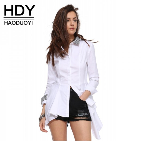 HDY Haoduoyi Fashion Women Dresses Asymmetrical Mini Dress Long Sleeve White Shirt Dress Vestidos Ladies Casual Blouse Tops