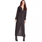 HDY Haoduoyi Solid Black Long Sleeve Women Maxi Dress Sexy Polo Neck Single Breasted Vestidos Casual Loose Shirt Dresses