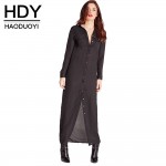 HDY Haoduoyi Solid Black Long Sleeve Women Maxi Dress Sexy Polo Neck Single Breasted Vestidos Casual Loose Shirt Dresses