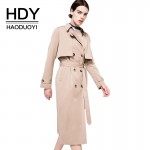 HDY Haoduoyi Solid Khaki Women Street Casual Coats Autumn Turn Down Collar Double Breasted Outwears Natural Loose Trench Coats