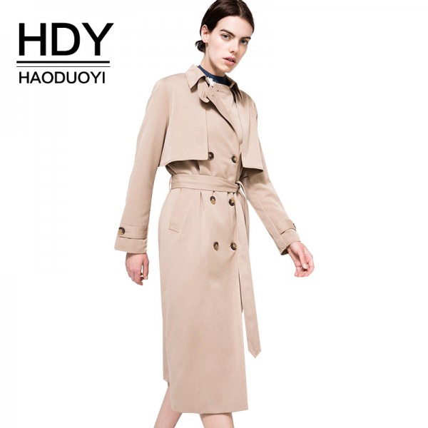 HDY Haoduoyi Solid Khaki Women Street Casual Coats Autumn Turn Down Collar Double Breasted Outwears Natural Loose Trench Coats