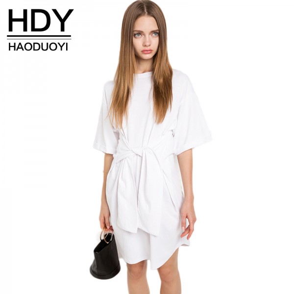 HDY Haoduoyi Women Half Sleeves O-neck Midi Dress Elegent Solid White Drawstring Female Dress Ladies Shaping Slim Dress Vestido