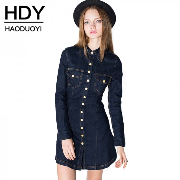 HDY Haoduoyi Womens Vintage Slim denim ling sleeve Mini Dress Pockets Fashion Lady Short Dresses for wholesale Women Vestidos