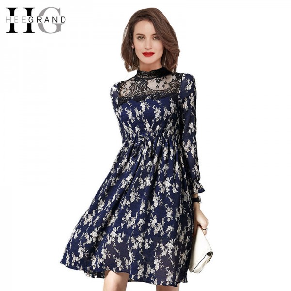 HEE GRAND 2017 Autumn New Lace Stand Collar Dress Women Full Petal Sleeve  Mini Dress Sexy Floral Vestido Mulheres WQL4700