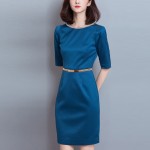 HEE GRAND 2017 Solid Half Sleeve Autumn Dress O-Neck Work Wear Ladies Dress Sheath Sashes Above Knee Women Dresses 3XL  WQL4726