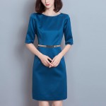 HEE GRAND 2017 Solid Half Sleeve Autumn Dress O-Neck Work Wear Ladies Dress Sheath Sashes Above Knee Women Dresses 3XL  WQL4726