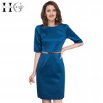 HEE GRAND 2017 Solid Half Sleeve Autumn Dress O-Neck Work Wear Ladies Dress Sheath Sashes Above Knee Women Dresses 3XL  WQL4726