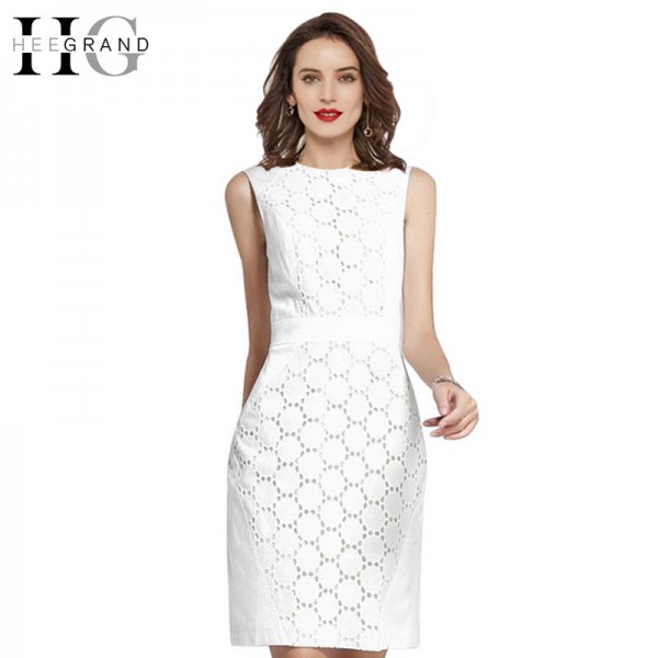 HEE GRAND 2018 New White Lace Dresses Women O-Neck Solid Brief OL Vestidos Mulheres Sheath Sleeveless Mini Dress WQL4698