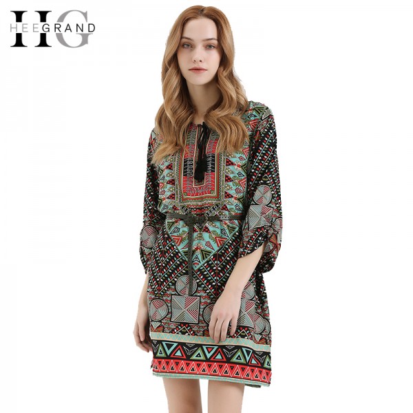 HEE GRAND 2018 Women Party Bohemian Sexy Dress O-Neck Hollow Out Lantern Sleeve Plaid Loose Vestidos Without Belt LQL3678