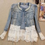 HEE GRAND Jeans Jacket Women Casacos Feminino Slim Lace Patchwork Beading Denim Lady Elegant Vintage Jackets Coat WWJ084