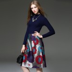 HEE GRAND Patchwork Knitted Half Turtleneck Vintage Women Winter Dress 2017 Fashion Slim Full Sleeve Print Vestidos WQL3392