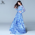 HIGH QUALITY New 2015 Fashion Women's Long Sleeve Vintage Blue And White Print Dress Brand Maxi Dress