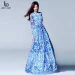 HIGH QUALITY New 2015 Fashion Women's Long Sleeve Vintage Blue And White Print Dress Brand Maxi Dress