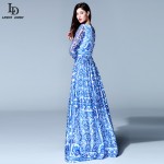 HIGH QUALITY New 2015 Fashion Women's Long Sleeve Vintage Blue And White Print Dress Brand Maxi Dress