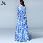 HIGH QUALITY New 2015 Fashion Women's Long Sleeve Vintage Blue And White Print Dress Brand Maxi Dress